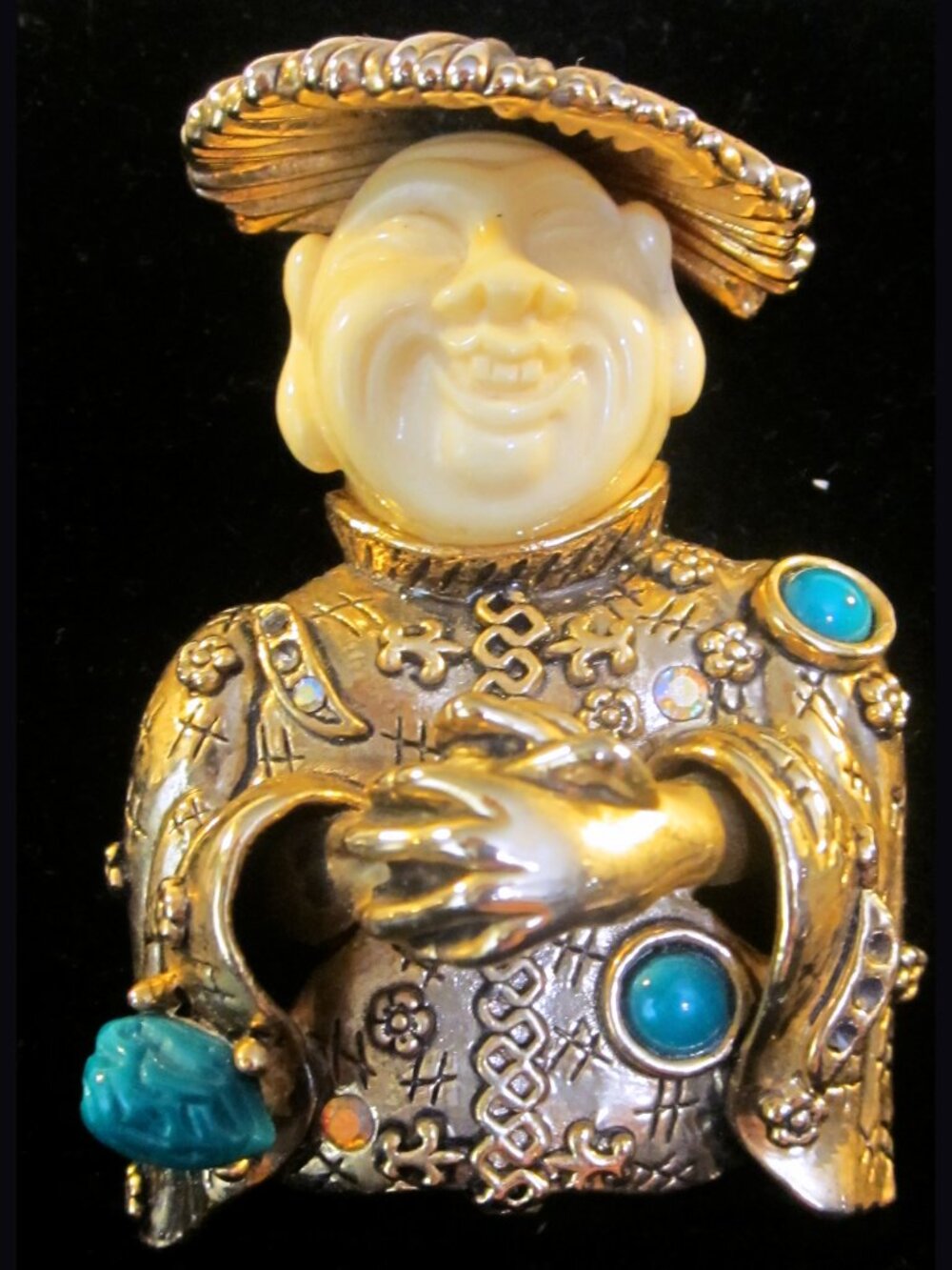 Vintage Signed Mary McFadden Har Inspired Gold Buddha Brooch Rare 80’s
